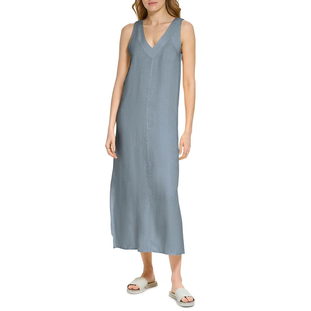 NWT DKNY Womens Linen Blend Maxi Dress Blue Sleeveless V-Neck M